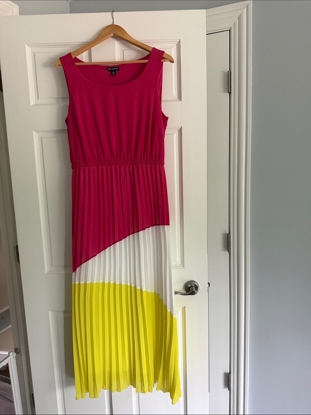 Nina Leonard Hot Pink Sleeveless Pleated Maxi Dress with Yellow & White Panels